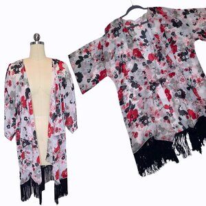 LuLaRoe Monroe Kimono Large Floral Black Red White Gray Chiffon Fringe